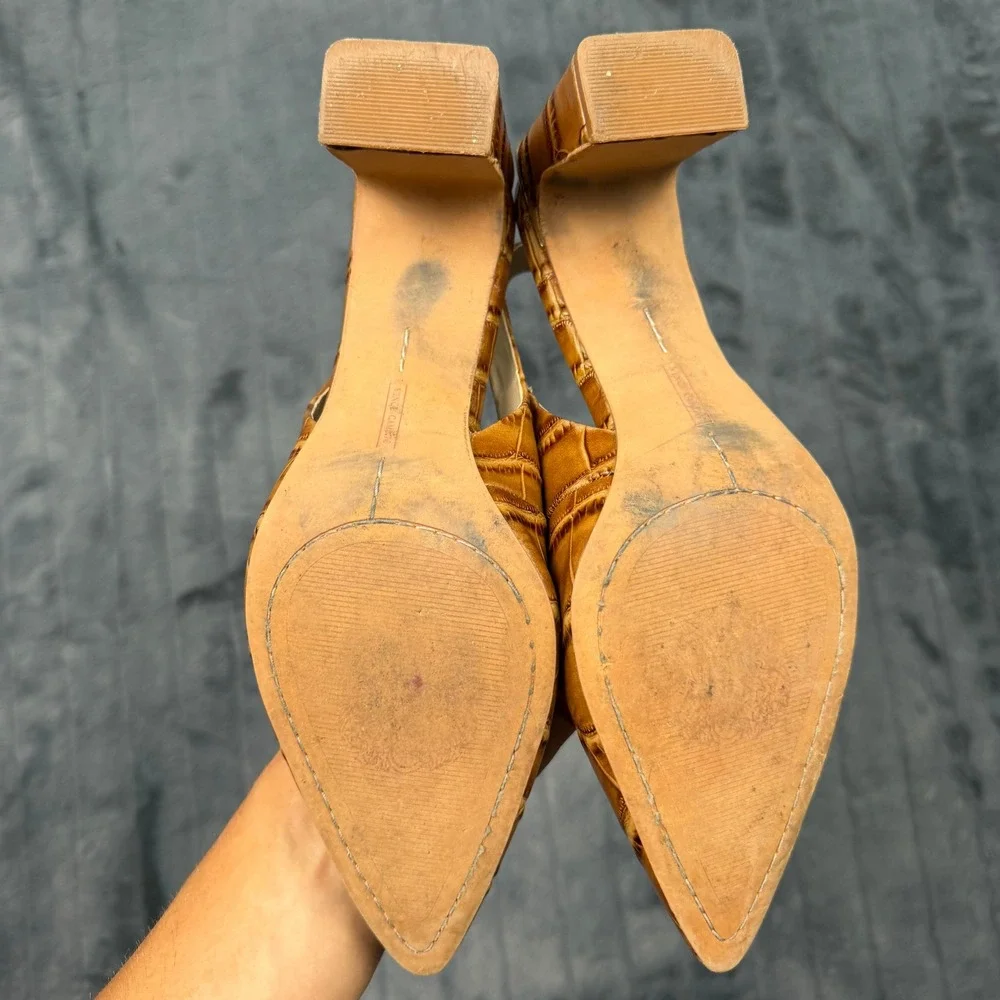 Vince Camuto Hamden Tan Croc Embossed Leather Slingback Block Heel Pumps 8.5M